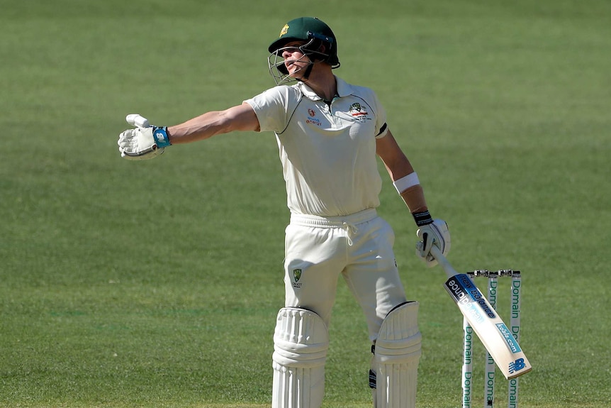 Steve Smith points forlornly while batting in Perth
