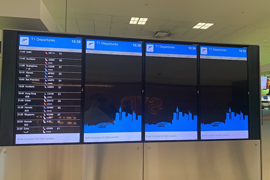 An almost empty departure board at Sydney Airport.