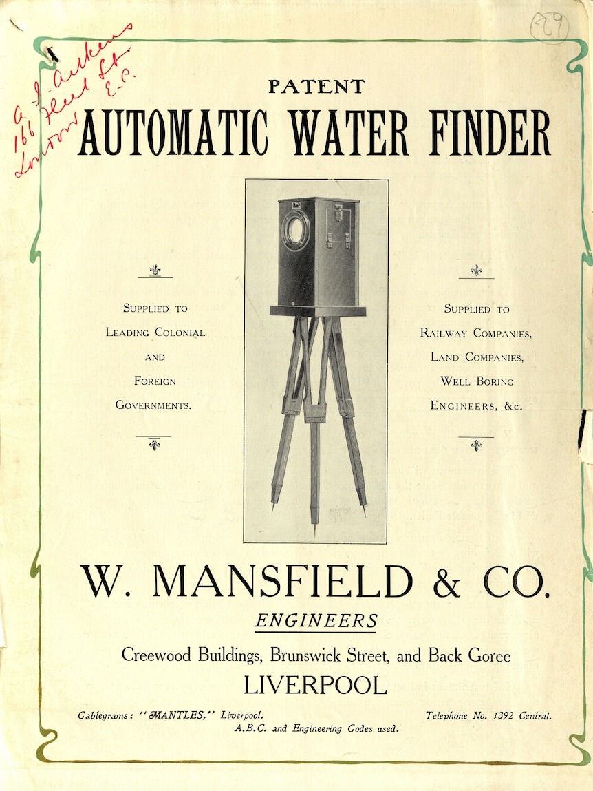 An advertisement for Mansfield's automatic water finder, showing a wooden box mounted on three legs.