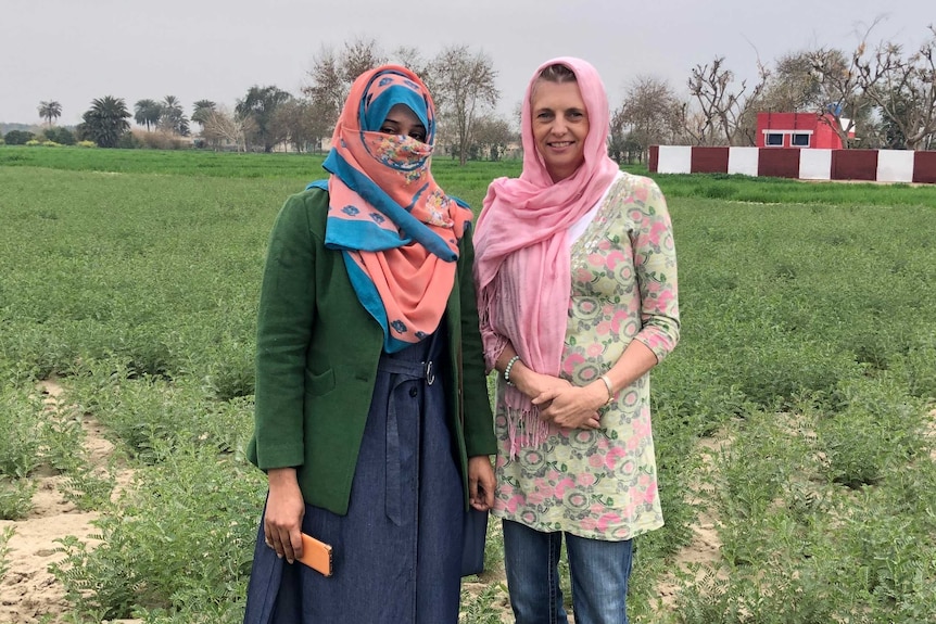 Two women wearing head scarves standing in a paddock