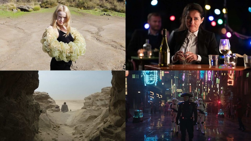 4 images: a woman stares at the camera, a still from Borgen, 2 scenes from Obi Wan Kenobi- 1 in the desert, 1 in a city