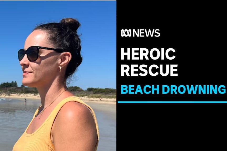 Heroic Rescue, Beach Drowning: A woman wearing a yellow singlet and sunglasses at the beach.