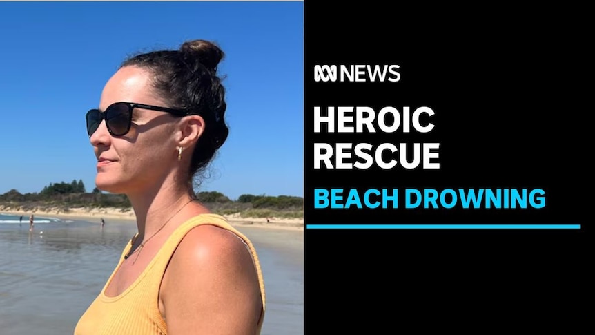 Heroic Rescue, Beach Drowning: A woman wearing a yellow singlet and sunglasses at the beach.