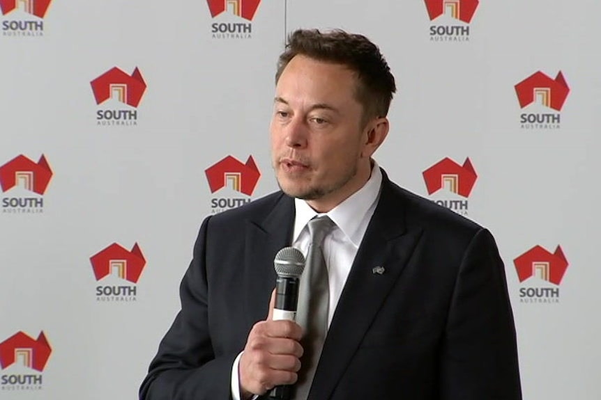 Elon Musk holds a microphone.