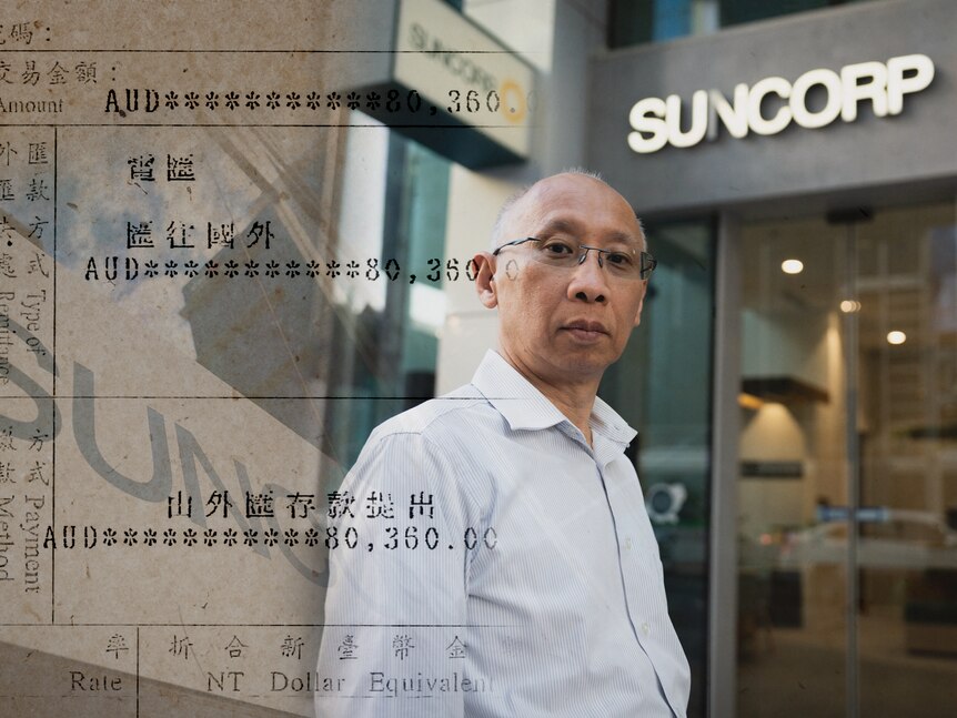 A composite image of Meng Wong standing outside of Suncorp bank, and a bank invoice for 80 thousand dollars.