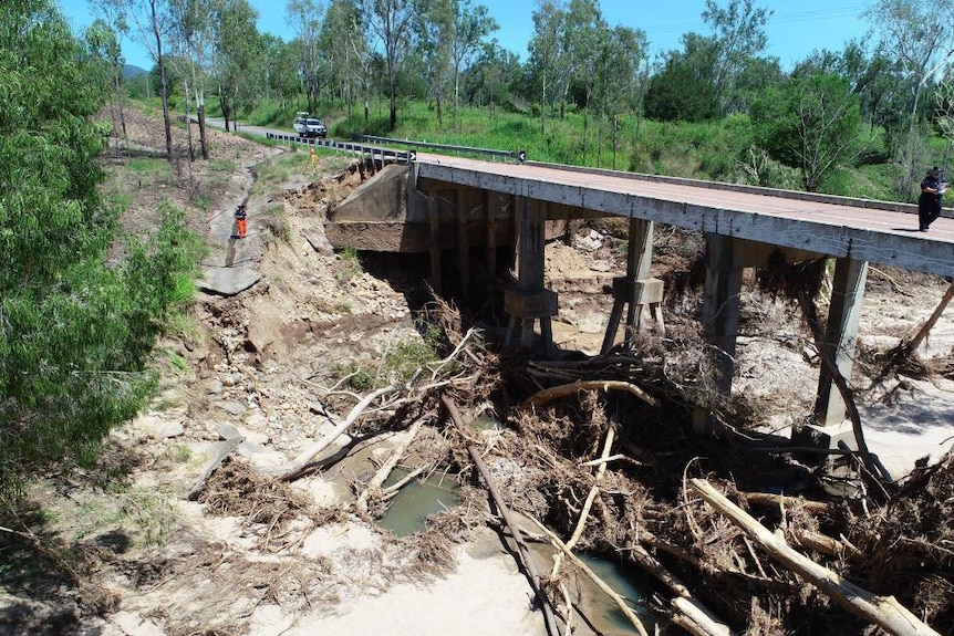 Piles of tree debris bank against a bridge as SES crews asses infrastructure damage.