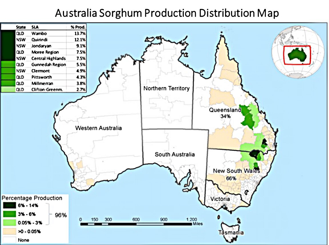 A map of where sorghum is usually grown in Australia.