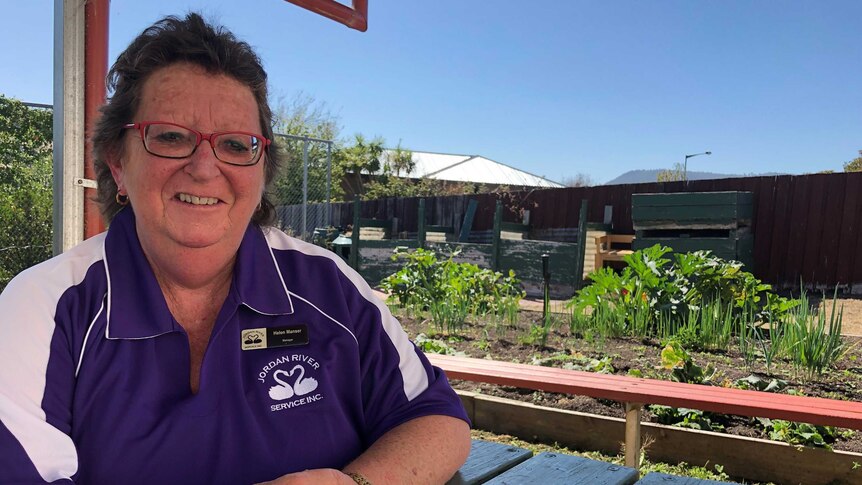 Helen Manser outside the Waterbridge Food Co-Op vegetable patch in Gagebrook, Tasmania, March 2019
