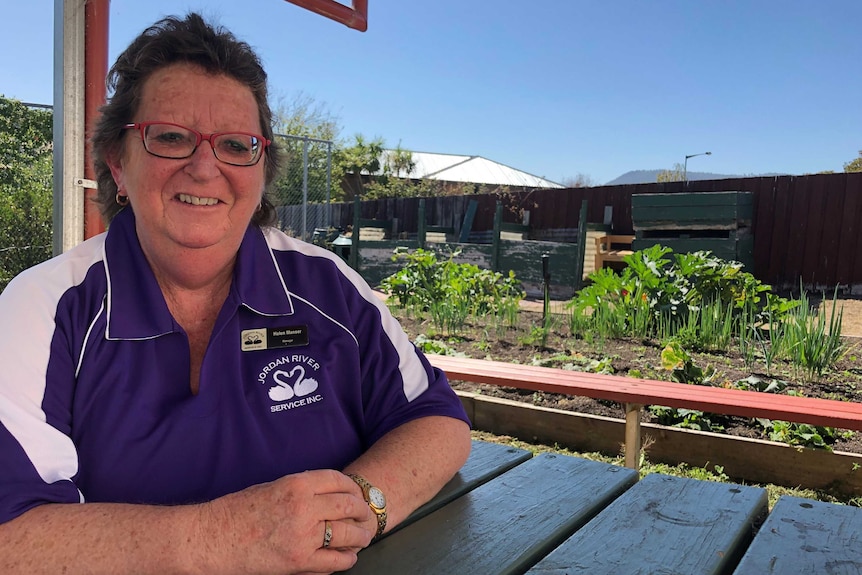 Helen Manser outside the Waterbridge Food Co-Op vegetable patch in Gagebrook, Tasmania, March 2019