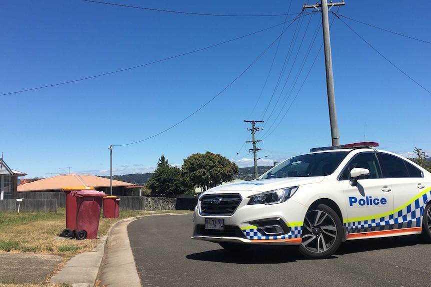 A police car on a suburban street