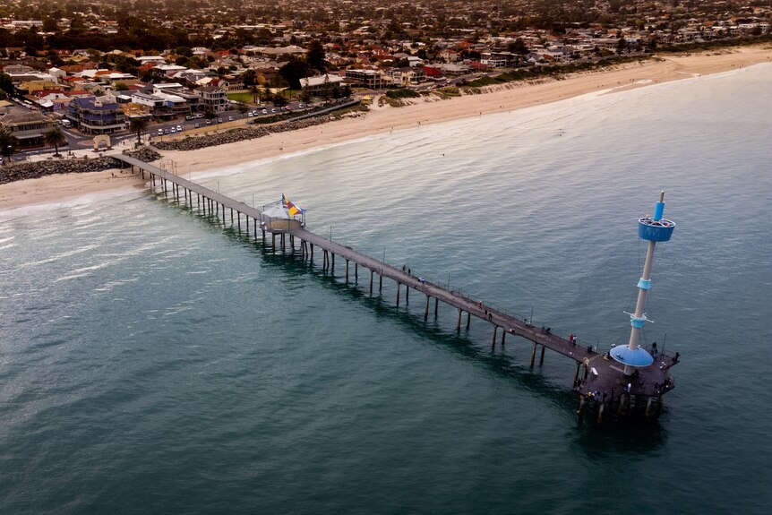 A drone image of Brighton Beach jetty in South Australia.