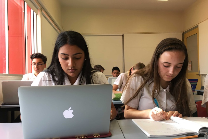 Simran Keswani, left, and Madison Pryor at Cherrybrook Technology High School