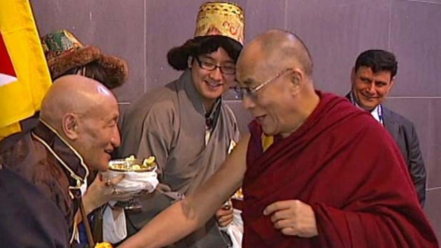 The Dalai Lama was greeted by a large contingent of devoted followers.