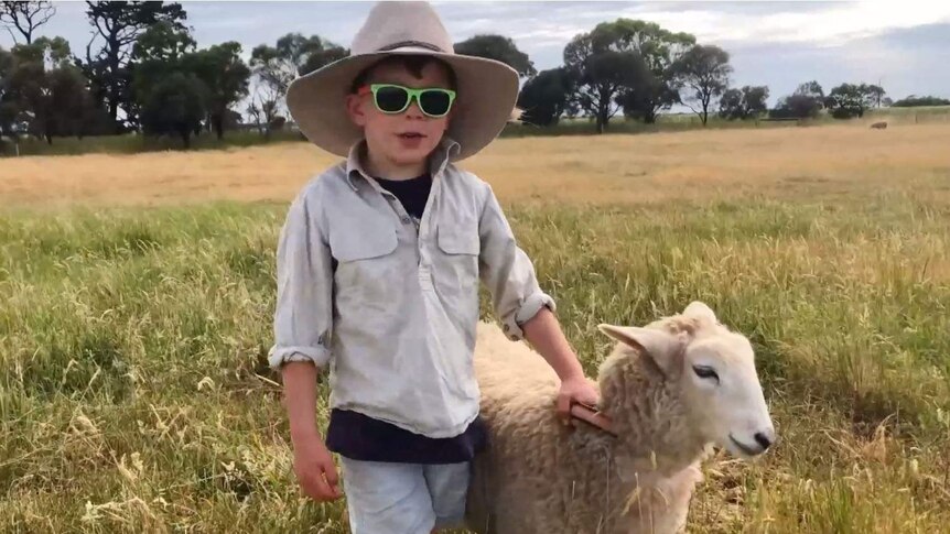 Boy with wide brim hat and sunglasses on a farm holding a sheep