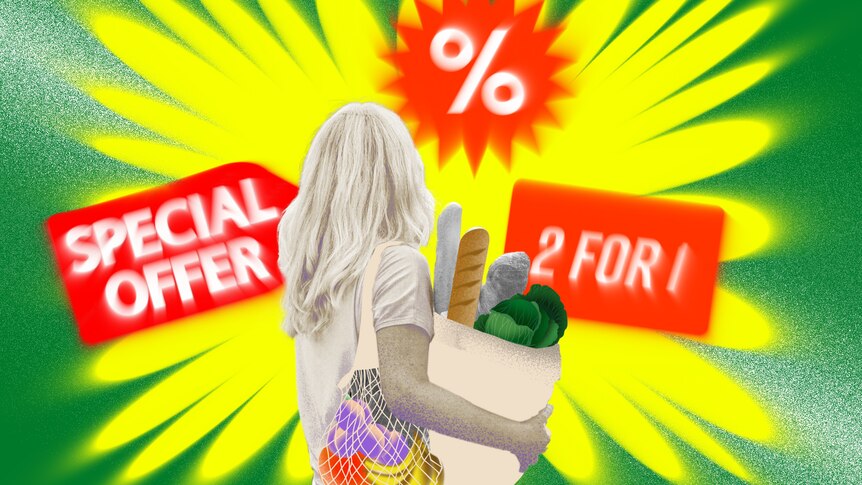 Illustration of woman holding her groceries in front of colourful pattern and supermarket signs.