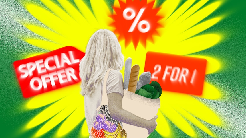 Illustration of woman holding her groceries in front of colourful pattern and supermarket signs.