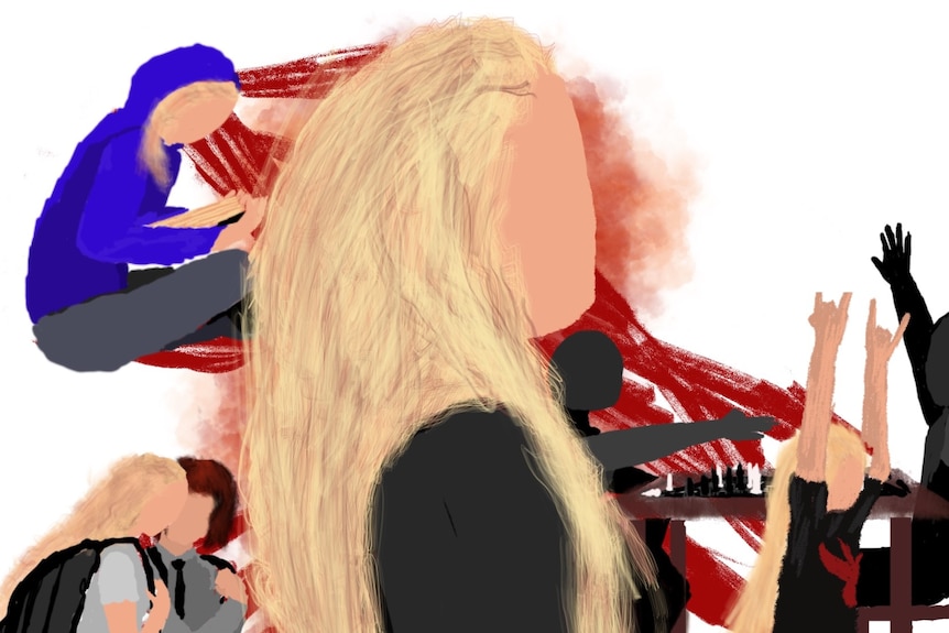 Digital illustration of a girl with blonde hair surrounded by other figures, all connected by red ropes. 