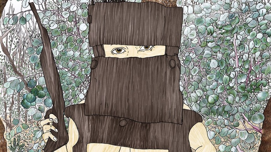 A felt-tipped pen drawing of a female version of Ned Kelly in bushland
