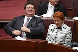 George Christensen stares away from the camera as he sits next to Pauline Hanson