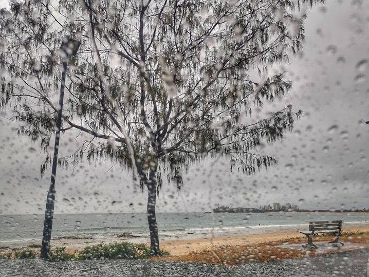 Raindrops on the camera lens with a tree and beach in background.