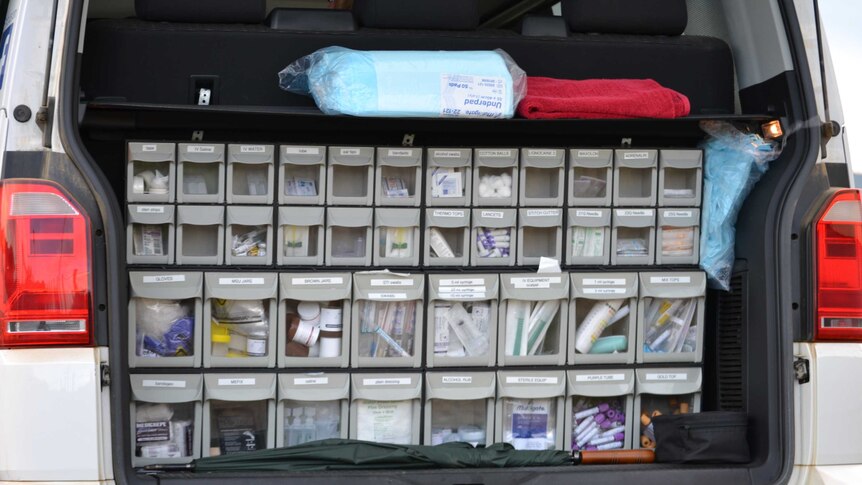The homeless healthcare street clinic van is stocked with medical supplies.