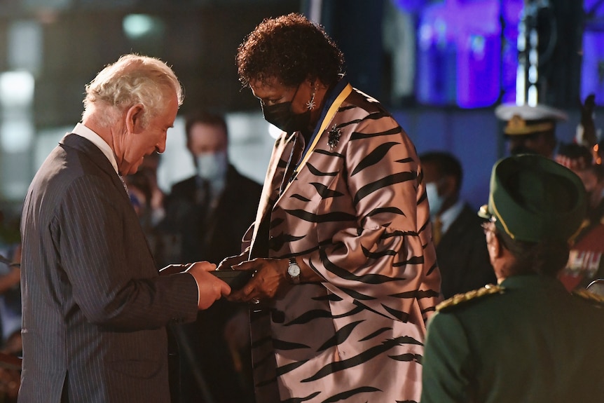 Photo shows Prince Charles handing Sandra Mason a box 