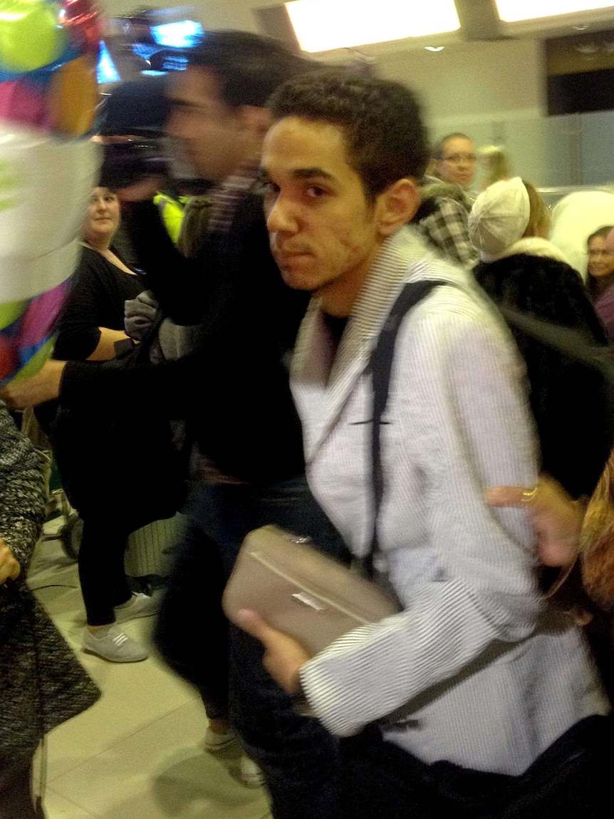 Junaid Thorne arrives at Perth Airport.