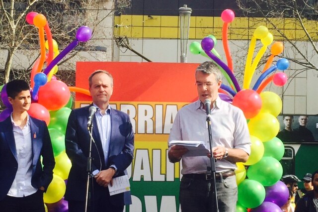 Opposition Leader Bill Shorten (left) and Mark Dreyfus (right) speak at a marriage equality rally in Melbourne.