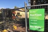 Fence with an auction sign attached in front of a demolished block.