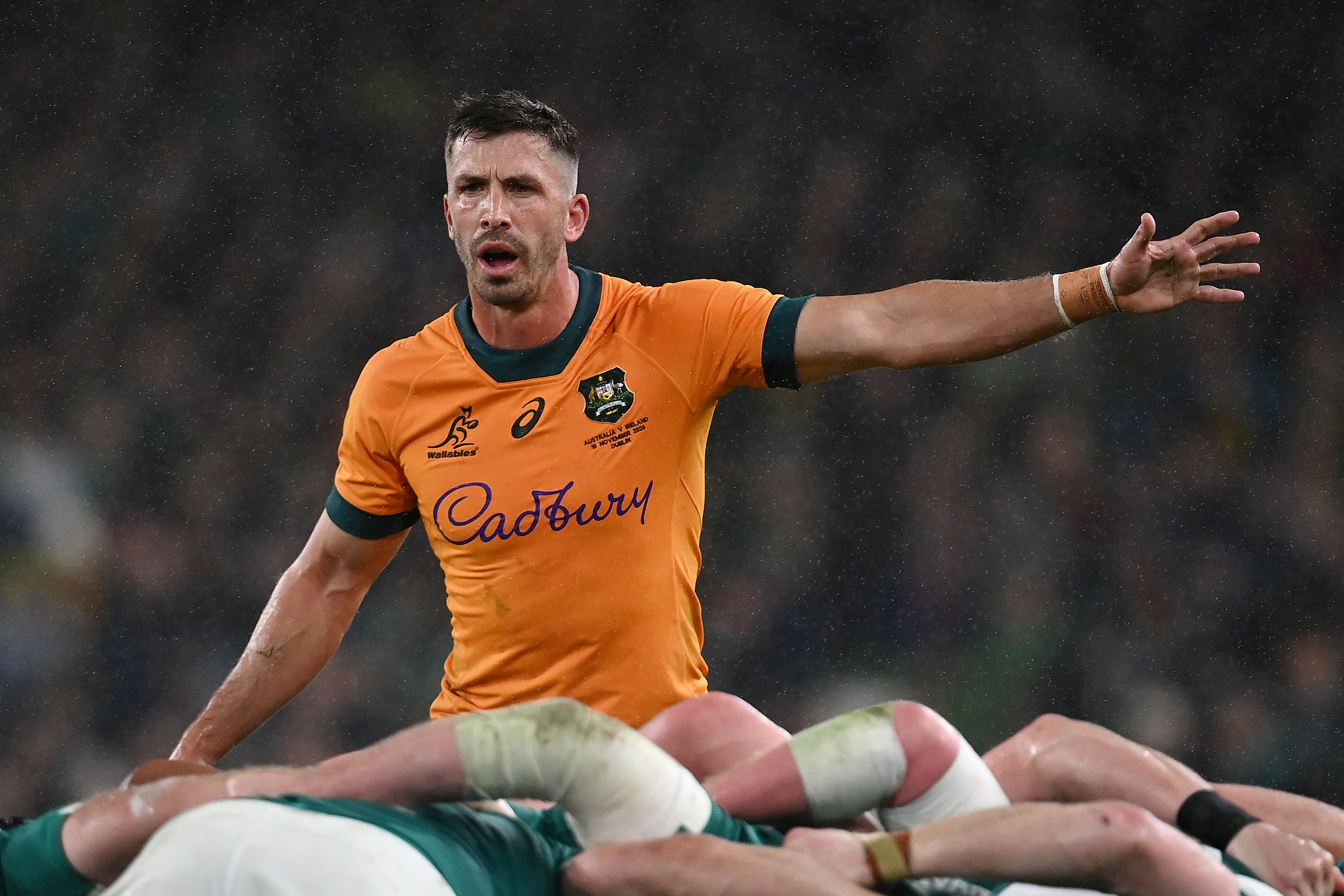 Jake Gordon behind the Wallabiers scrum against Ireland in 2025.