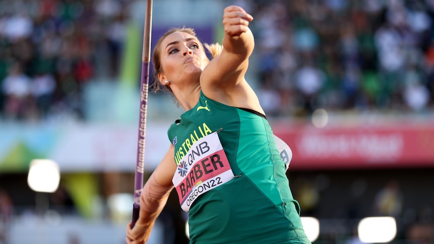 Kelsey-Lee Barber is at full stretch as she prepares to release the javelin