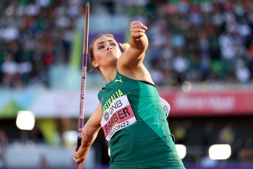 Kelsey-Lee Barber is at full stretch as she prepares to release the javelin