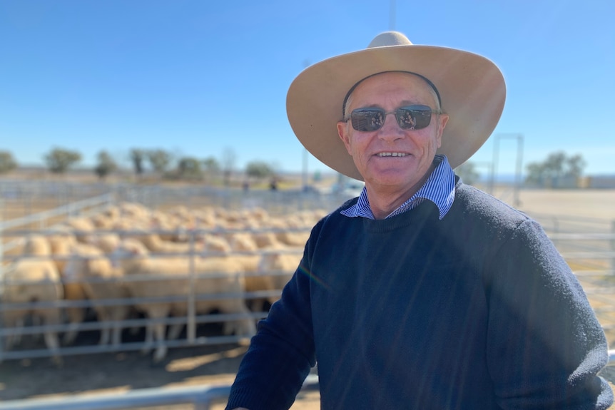 A man in a blue coat stands in front of a pen of sheep