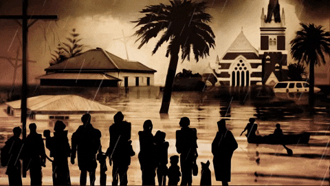 An animation of rain falling as people stand next to floodwaters that have devastated their town.