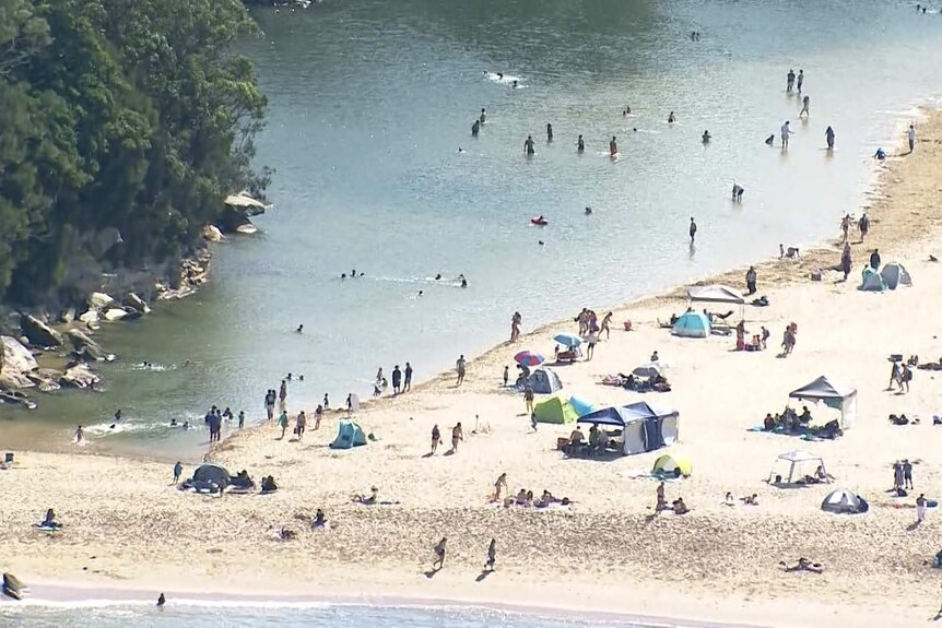 Aerial shot of crowds on a beach
