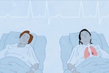 An illustration shows two women lying in hospital beds — the donor and recipient of a lung transplant.