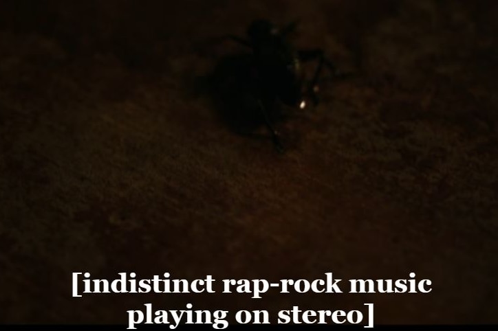 The subtitle "indistinct rap-rock music playing on stereo" can be seen on a black background.