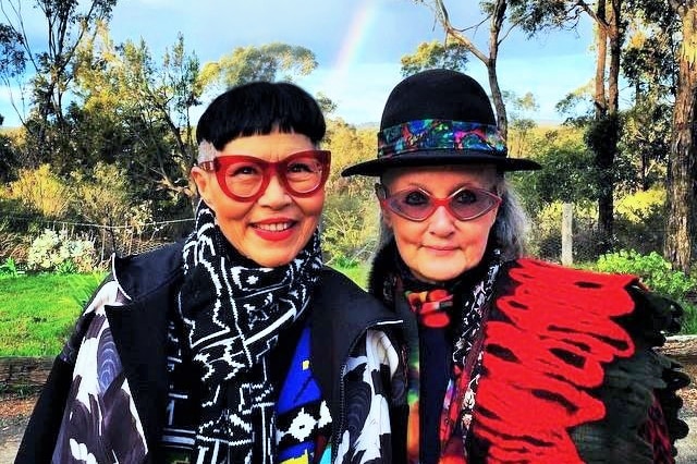 A recent photo of Jenny Kee and Linda Jackson pictured in the bush