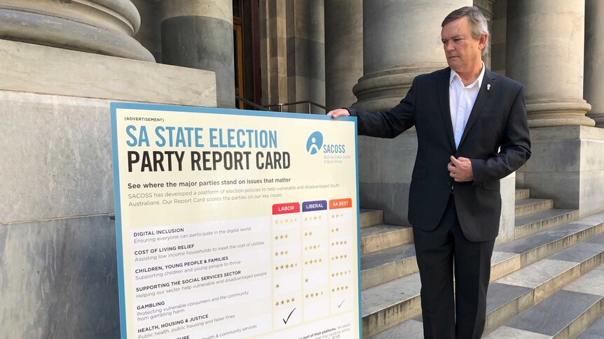 SACOSS chief executive Ross Womersley presenting an "SA STATE ELECTION PARTY REPORT CARD".