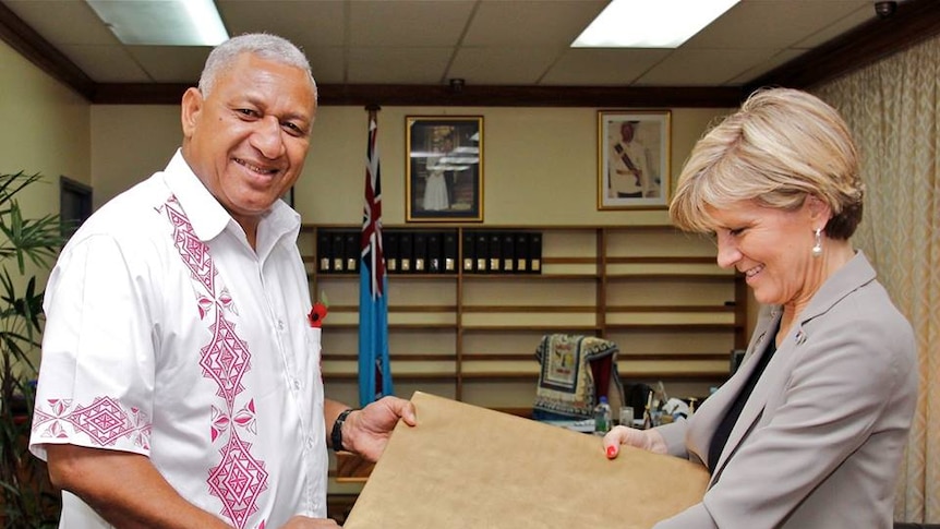 Australia's Foreign Minister Julie Bishop meets Fiji's prime minister Frank Bainimarama