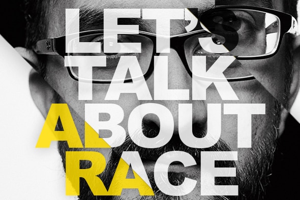 Blank and white image of a man's face (Sami Shah) with the text "Let's Talk About Race" over the top of it.