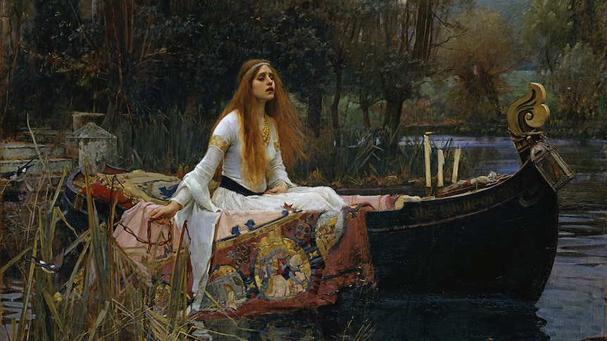 Waterhouse's The Lady of Shalott: a woman with long copper hair floats downriver on a barge draped with tapestries.
