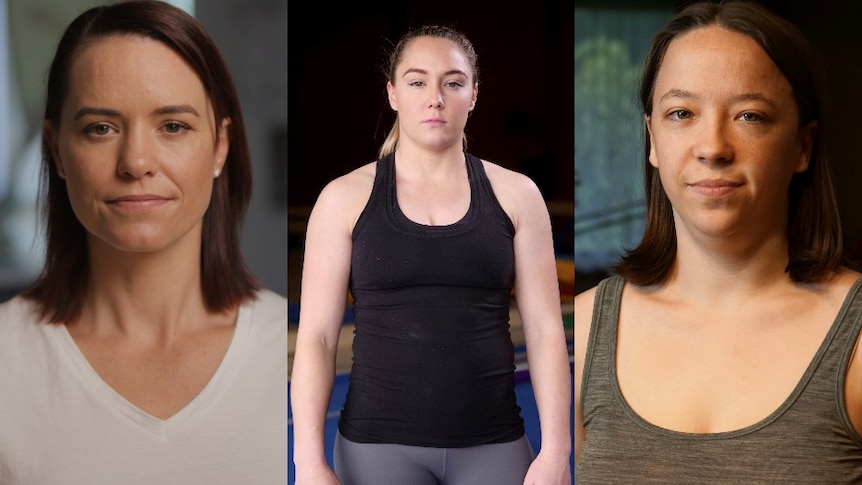 Composite of three gymnasts, Kirsty-Leigh Brown, Mary-Anne Monckton, and Emily Little.