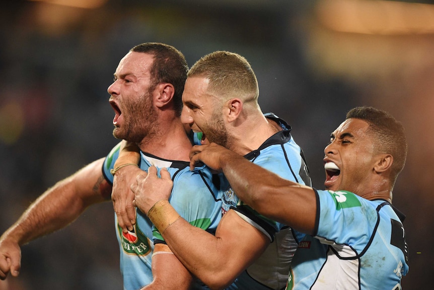 Boyd Cordner celebrates his try for the Blues against Queensland in Origin I