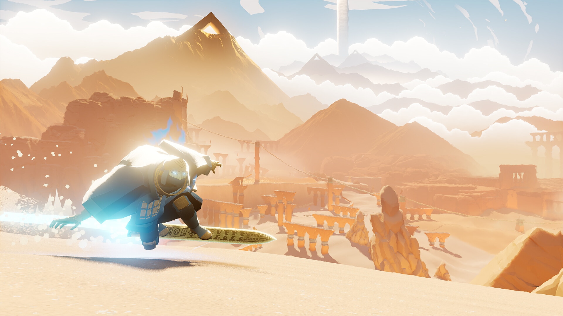 Una figura encapuchada navega con una pequeña espada en un entorno desértico, una captura de pantalla de un videojuego.