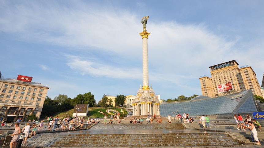 The statue of the Archangel Michael looking down on Kiev's Independence Square.