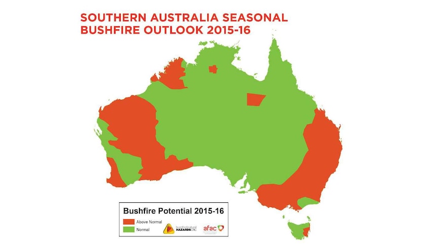 An Australian map showing above average fire risk for south east and western Australia