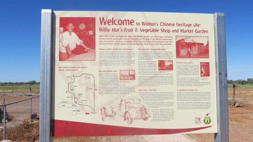 Sign telling story of Willie Mar at historic site at Winton in central-west Qld