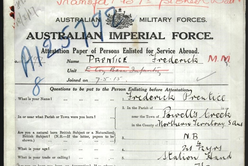An old-looking document titled 'Attestation Paper' and 'Australian Imperial Force'.