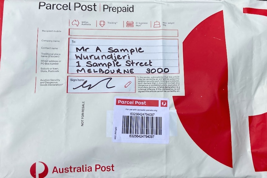 A sample Australia Post bag showing where the Aboriginal place name will go on the label.